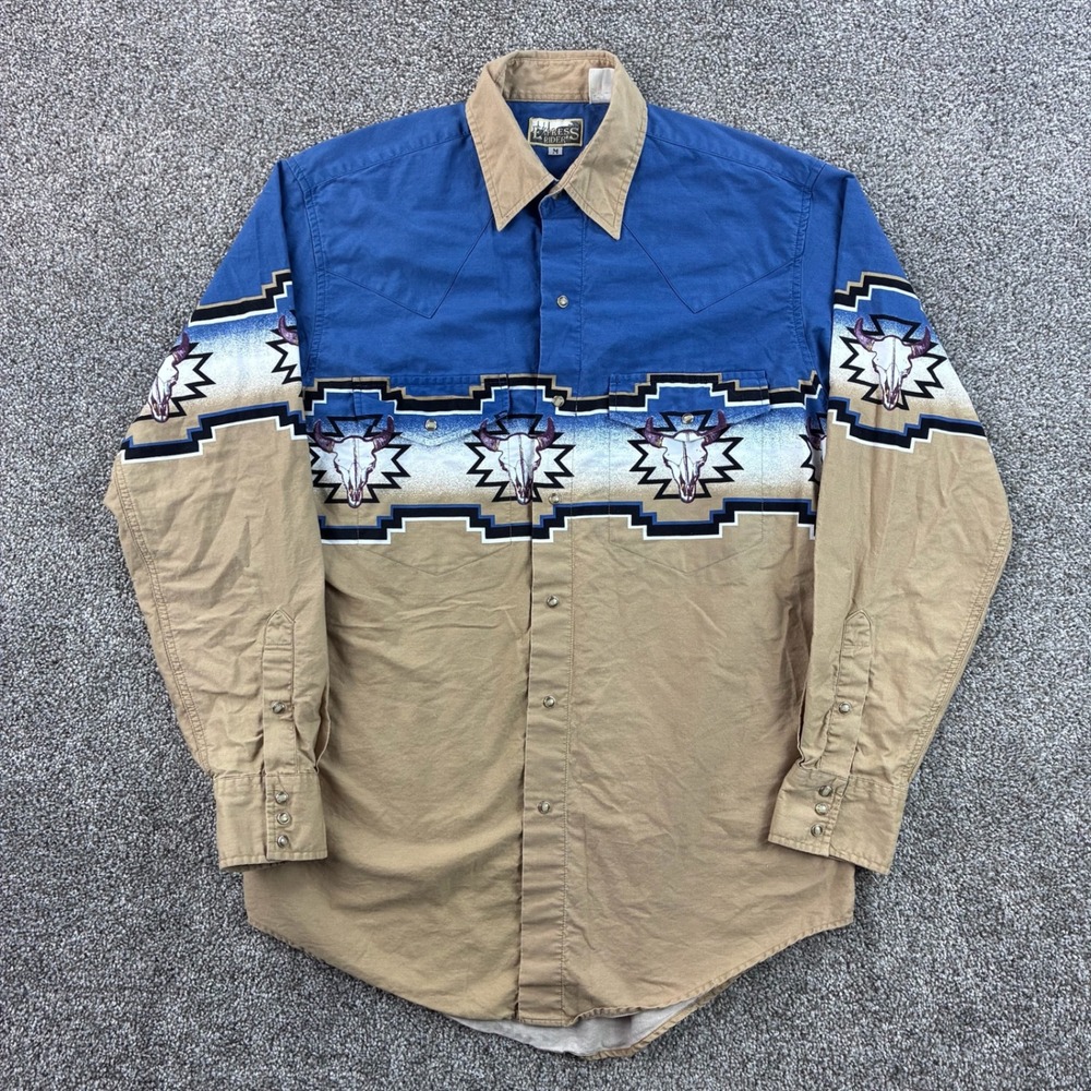 Vintage Express Rider Western Shirt Mens M Blue Tan Pearl Snap Steer Skull